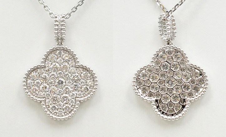 アルハンブラ正規品のモチーフ。宝石を輝かせるための精密な裏抜き（光取りの穴）加工。